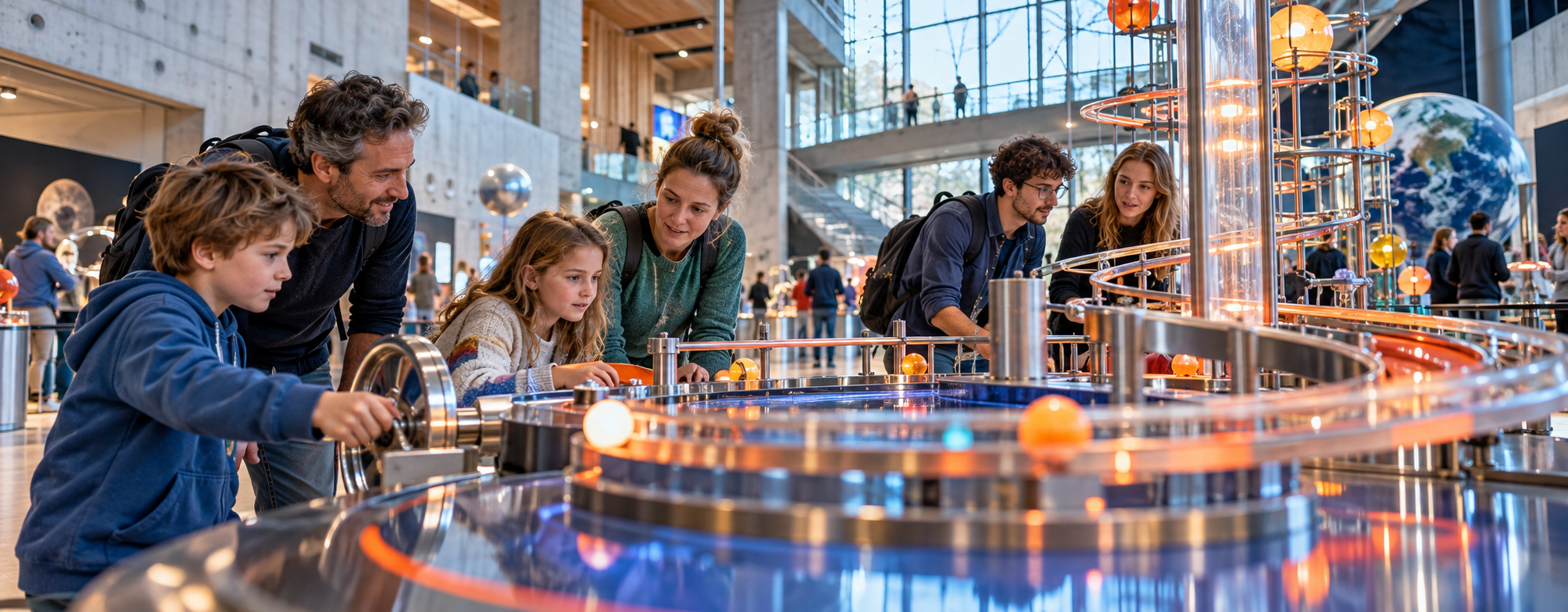Familie und junge Erwachsene erkunden eine Lichtinstallation in einem deutschen Science Center